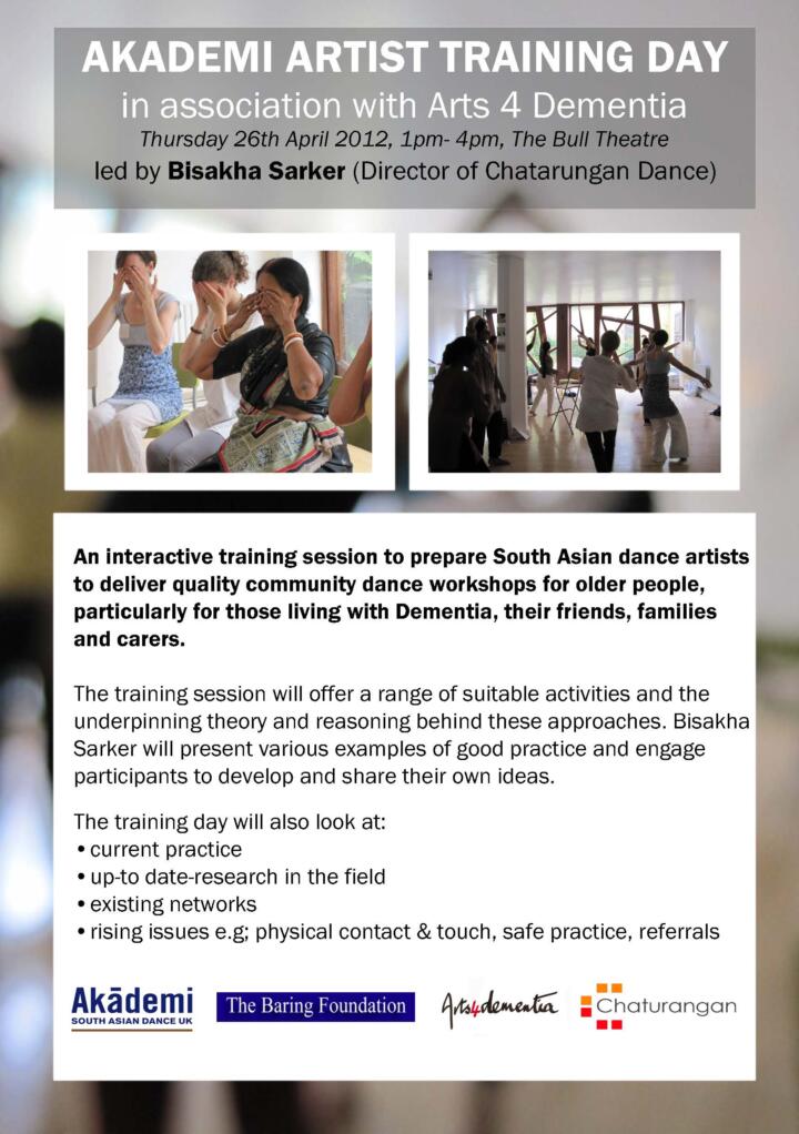 Akademi & Arts 4 Dementia Training Day with Bisakha Sarker - delivering dance programmes for older adults with early onset dementia flyer
